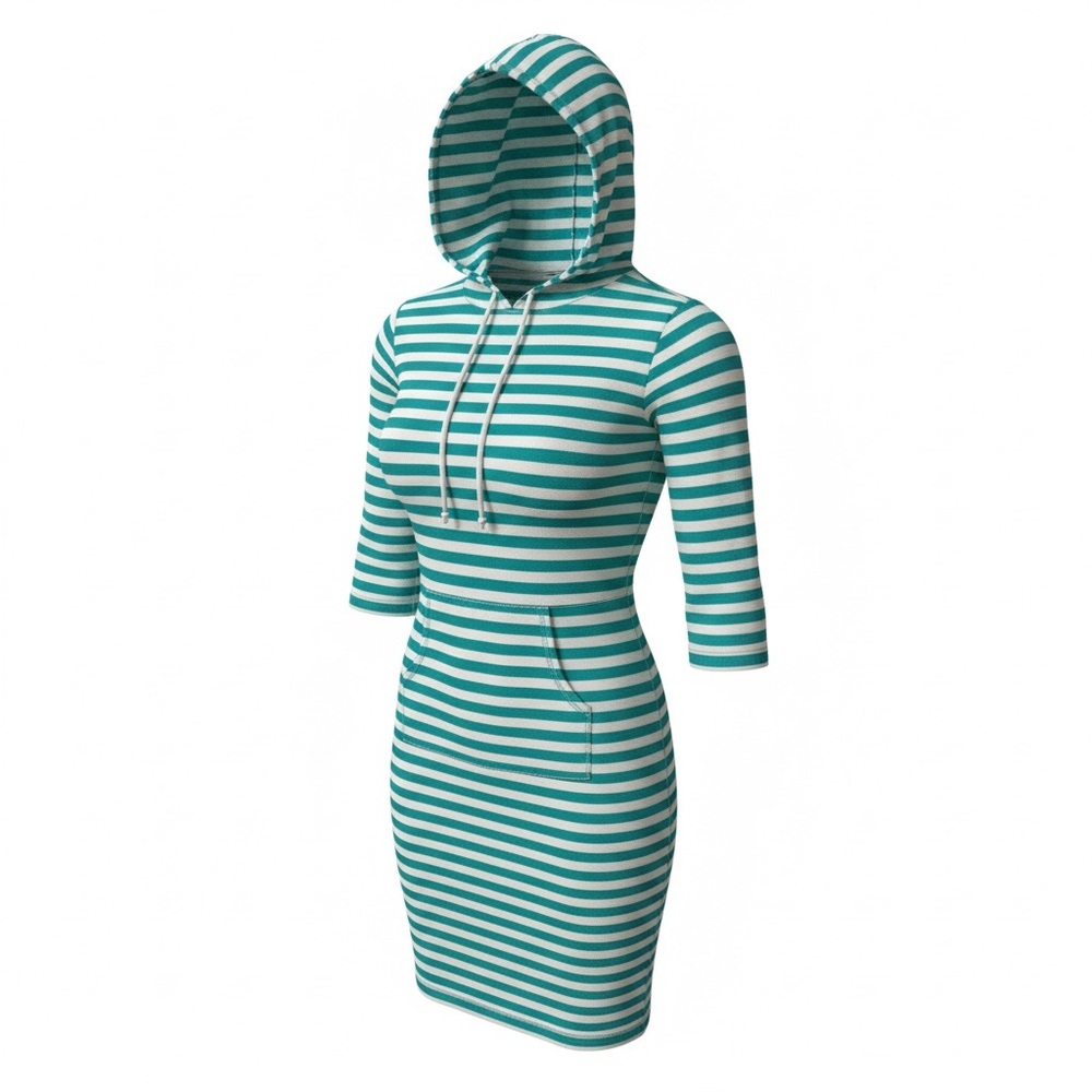 Heart & Hips Striped Hooded Knit Dress - Teal & White